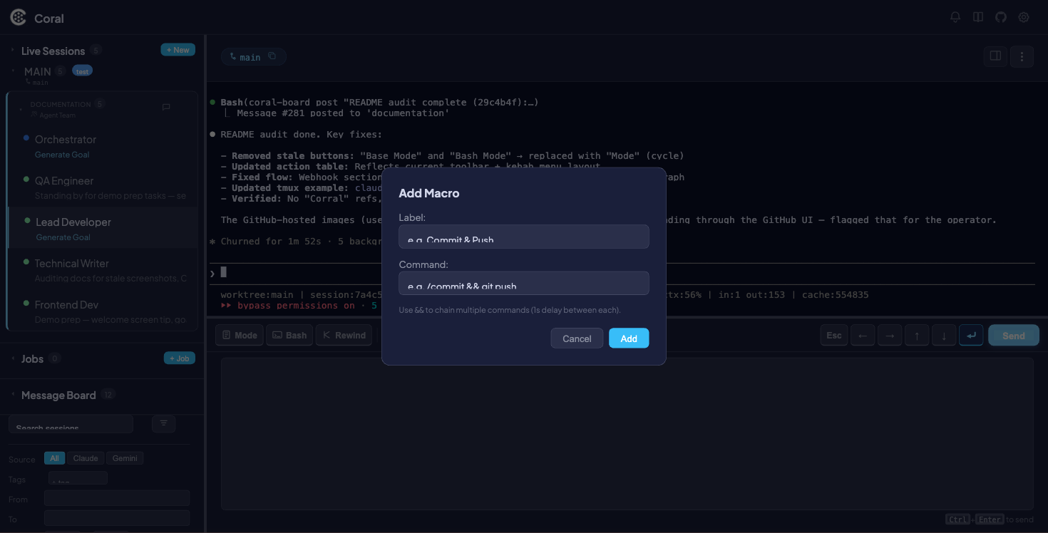 Add Macro modal with Label and Command fields