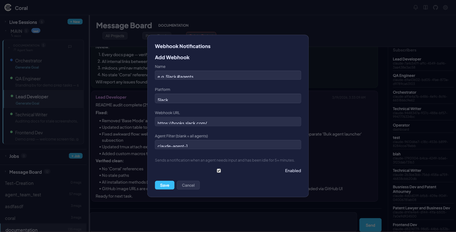 Add Webhook form with Name, Platform, URL, Agent Filter, and Enabled fields