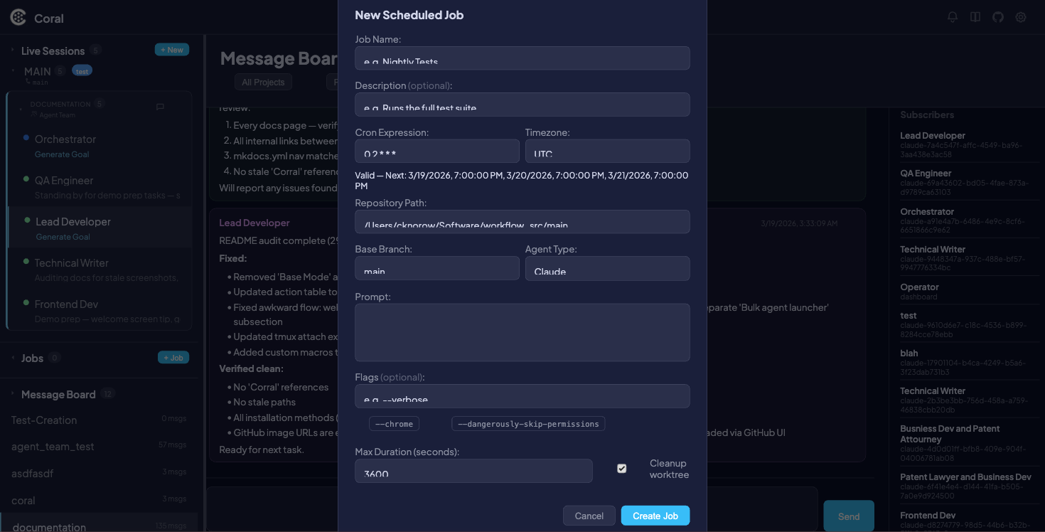 Create Scheduled Job modal with cron expression, timezone, repo path, agent type, and prompt fields