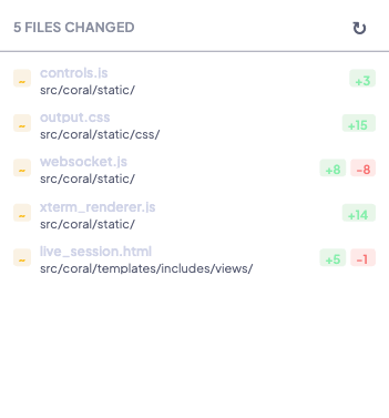 Changed files panel showing per-file additions, deletions, and status