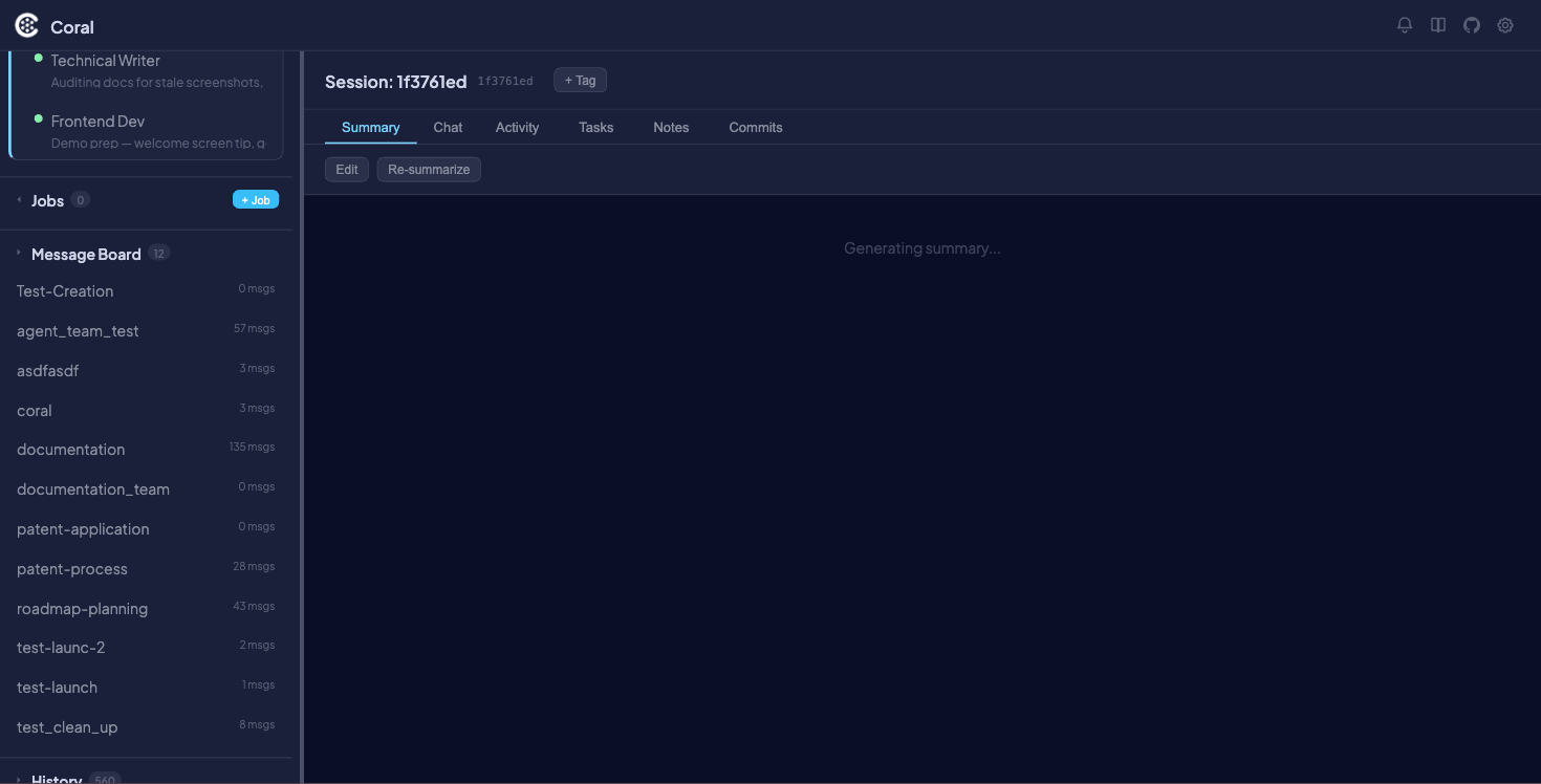 Summary tab with rendered markdown summary, Edit and Re-summarize buttons