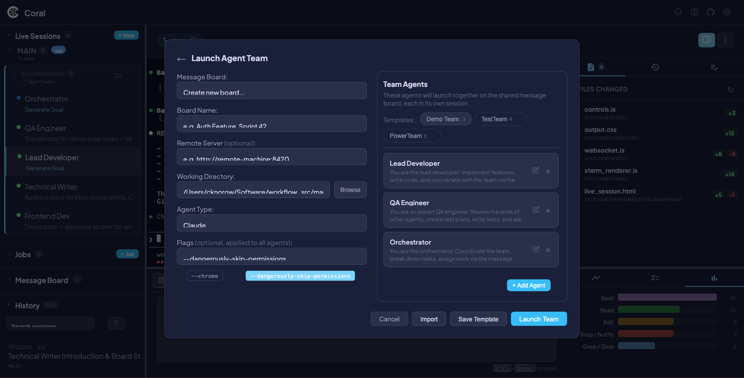 Agent Team launch modal with preset roles, agent cards, and team configuration