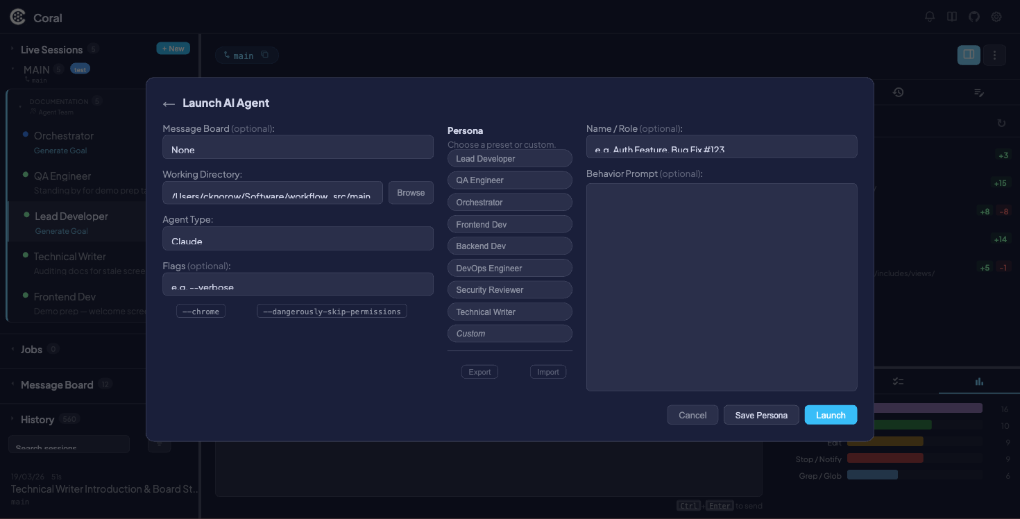 AI Agent launch modal with persona preset selector and configuration fields