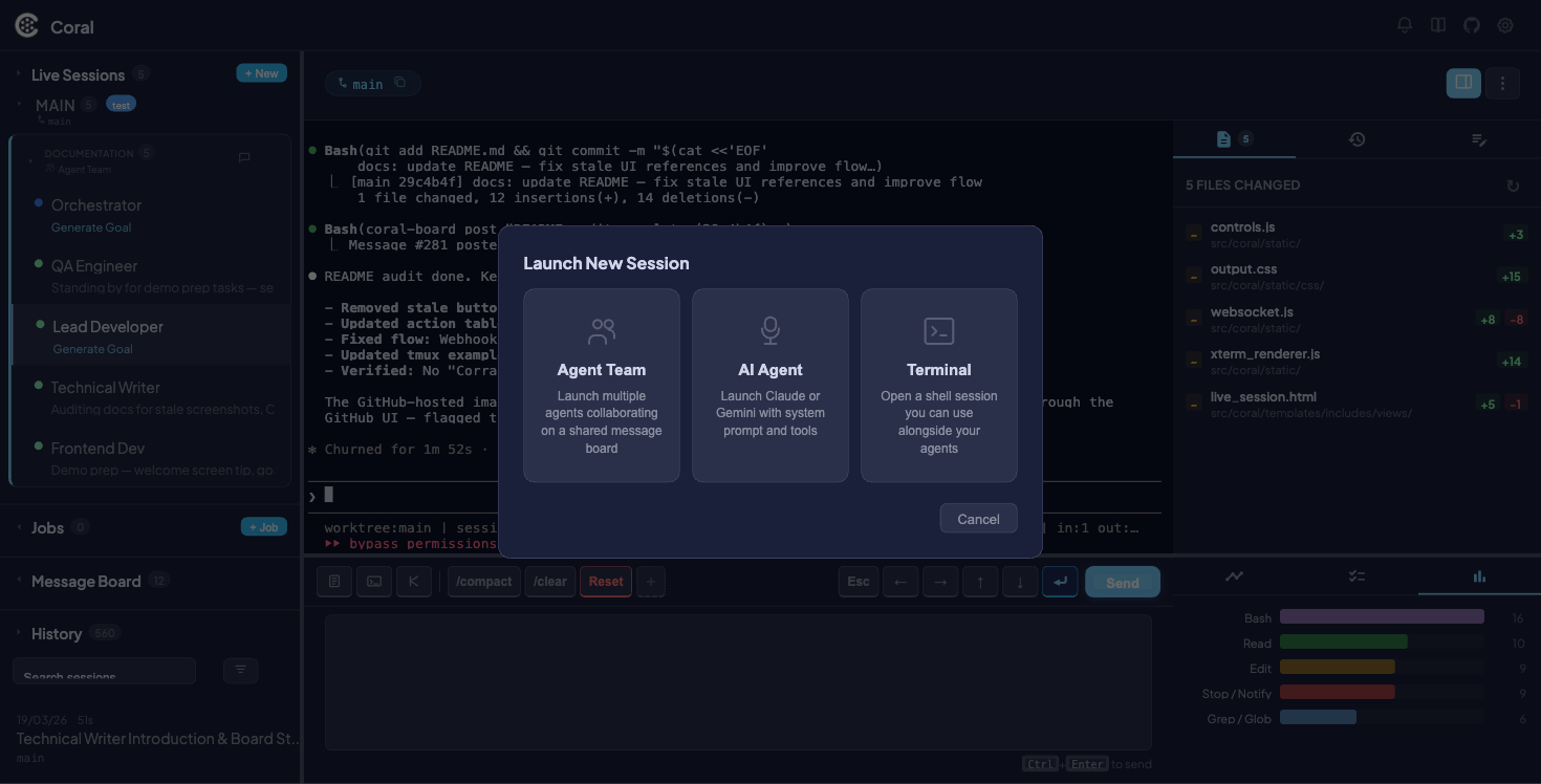 Launch New Session modal with agent type selection, working directory, and configuration fields