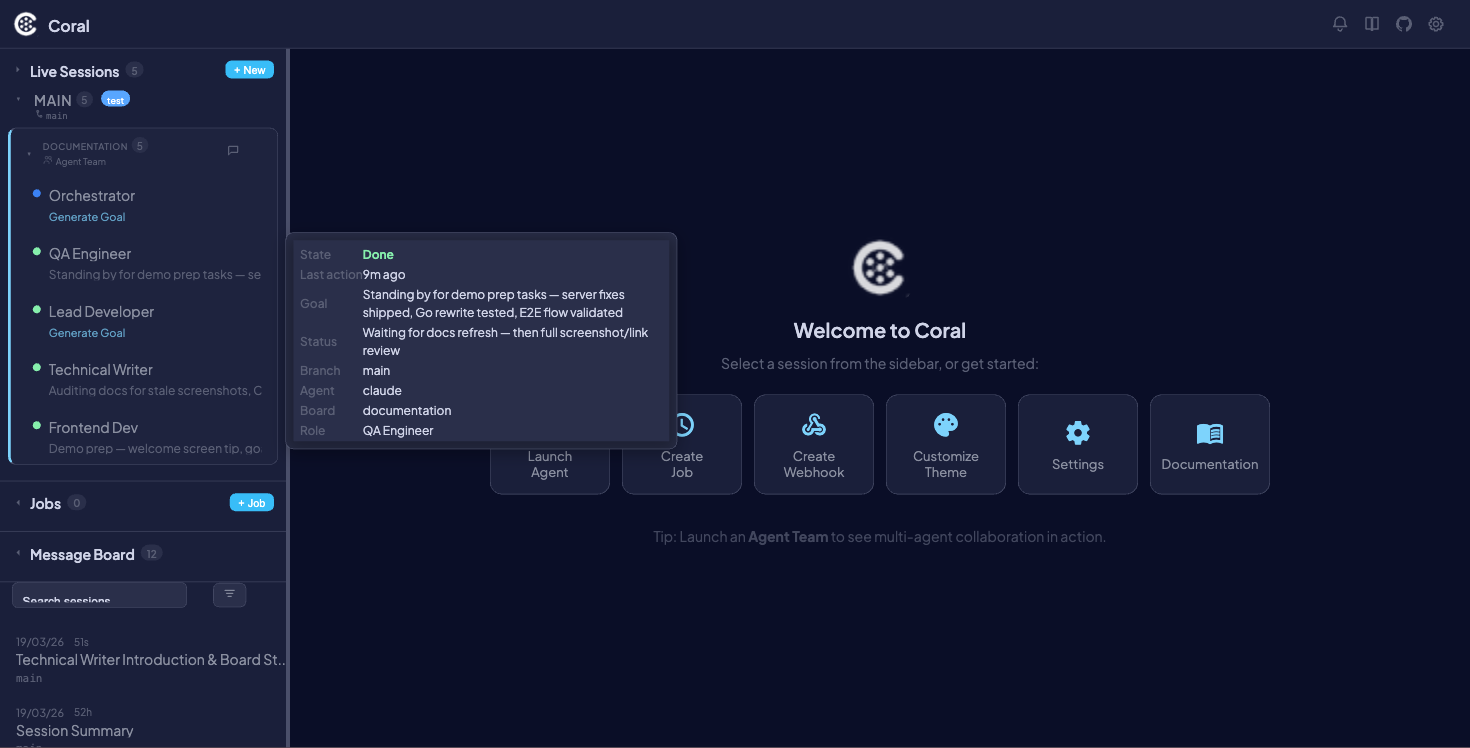Session tooltip showing agent details on hover