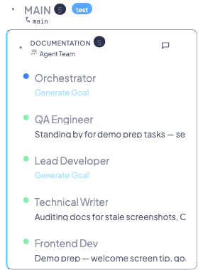 Dashboard with multiple agents in the sidebar showing different status dots and agent type badges